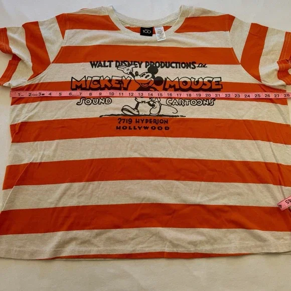Disney Womens 2X Orange White Stripe Mickey Mouse Disney 100 Years Graphic Tee - Picture 5 of 6